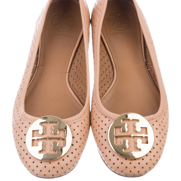 Tory Burch Round toe flats with gold emblem on toe. - Picture 3 of 6